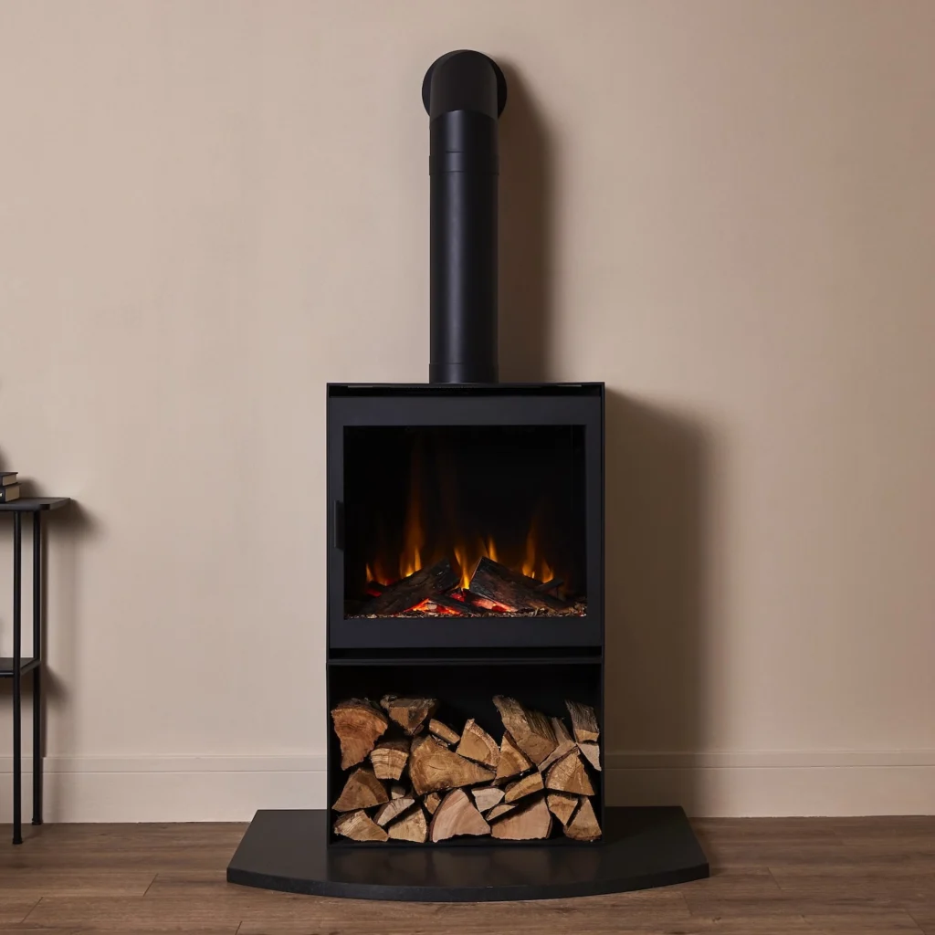 British Fires Cube Steel Door & Log Box w_ chimney downlights off2