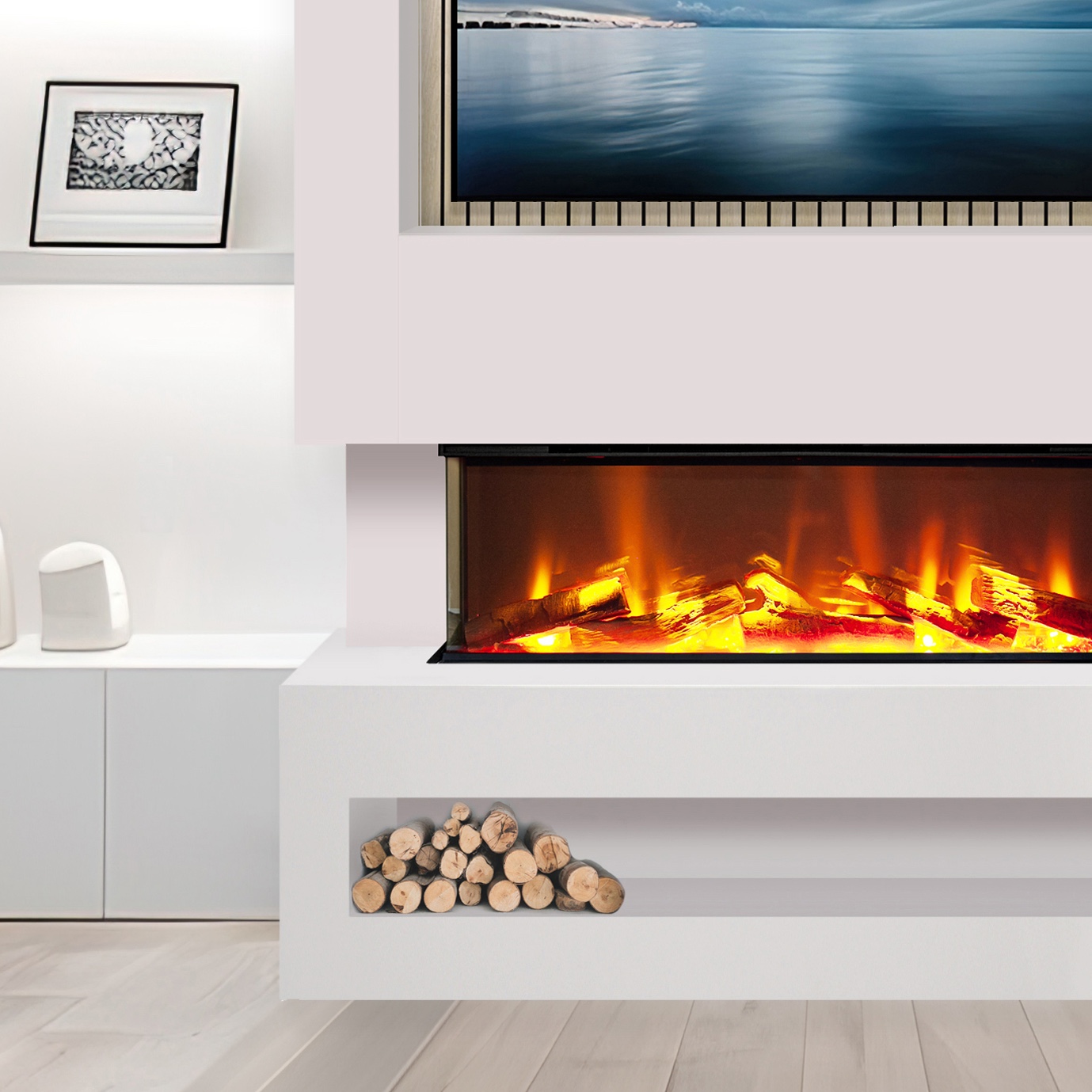 【値下げ】FIRE PLACE TC WIND WALL Celsi E-VR S1000 Media Wall - White & Acoustic Oak