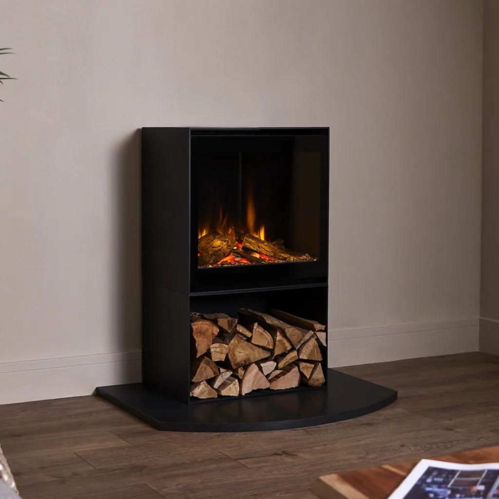 British Fires Cube Glass Door & Log Box on hearth angle wide