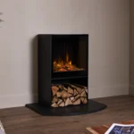 British Fires Cube Glass Door & Log Box on hearth angle wide British Fires Cube Glass Door & Log Box on hearth angle wide
