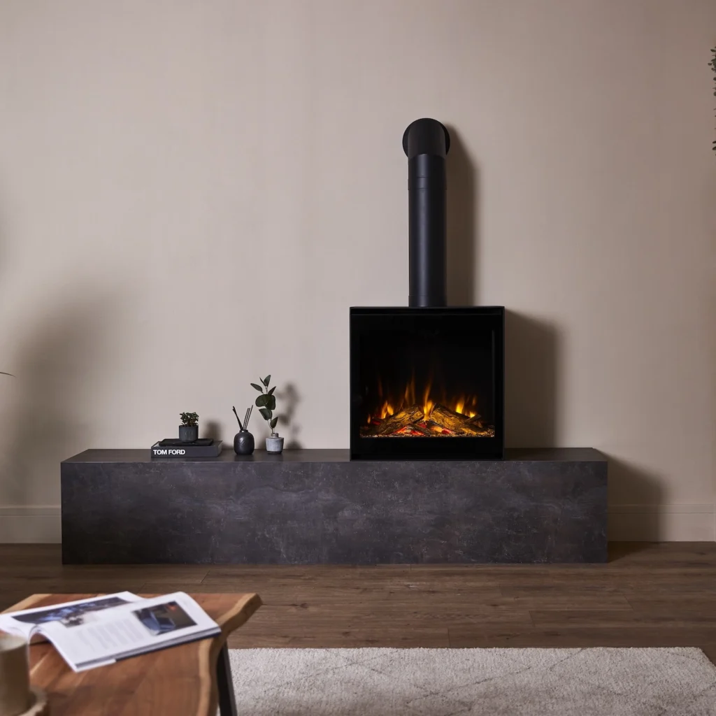 British Fires Cube Glass Door on plinth w:chimney