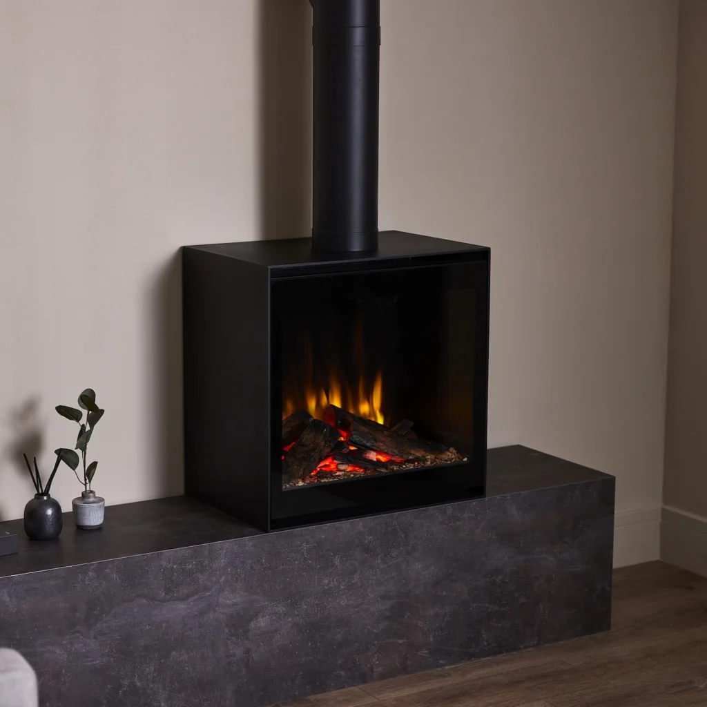 British Fires Cube Glass Door on plinth w:chimney angle